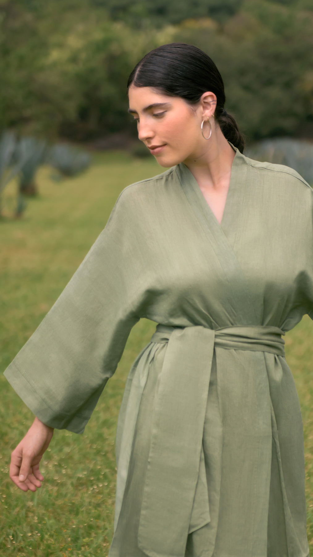 Kimono De Lino Estampado Con Mangas Amplias - Mujer
